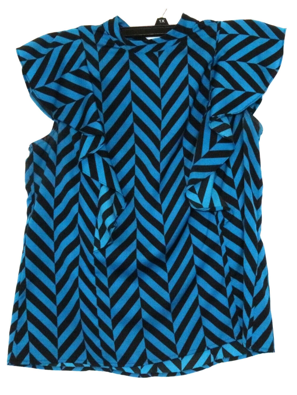 Worthington Striped Ruffle Front Blouse Womens Sz Large Mock Neck Blue Black